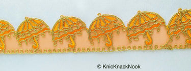 Blue / Orange / Pink Tissue Sheer Fabric Trim With Embroidered Pink & Gold Umbrella, Scallop Trim, Approx. 48mm Wide